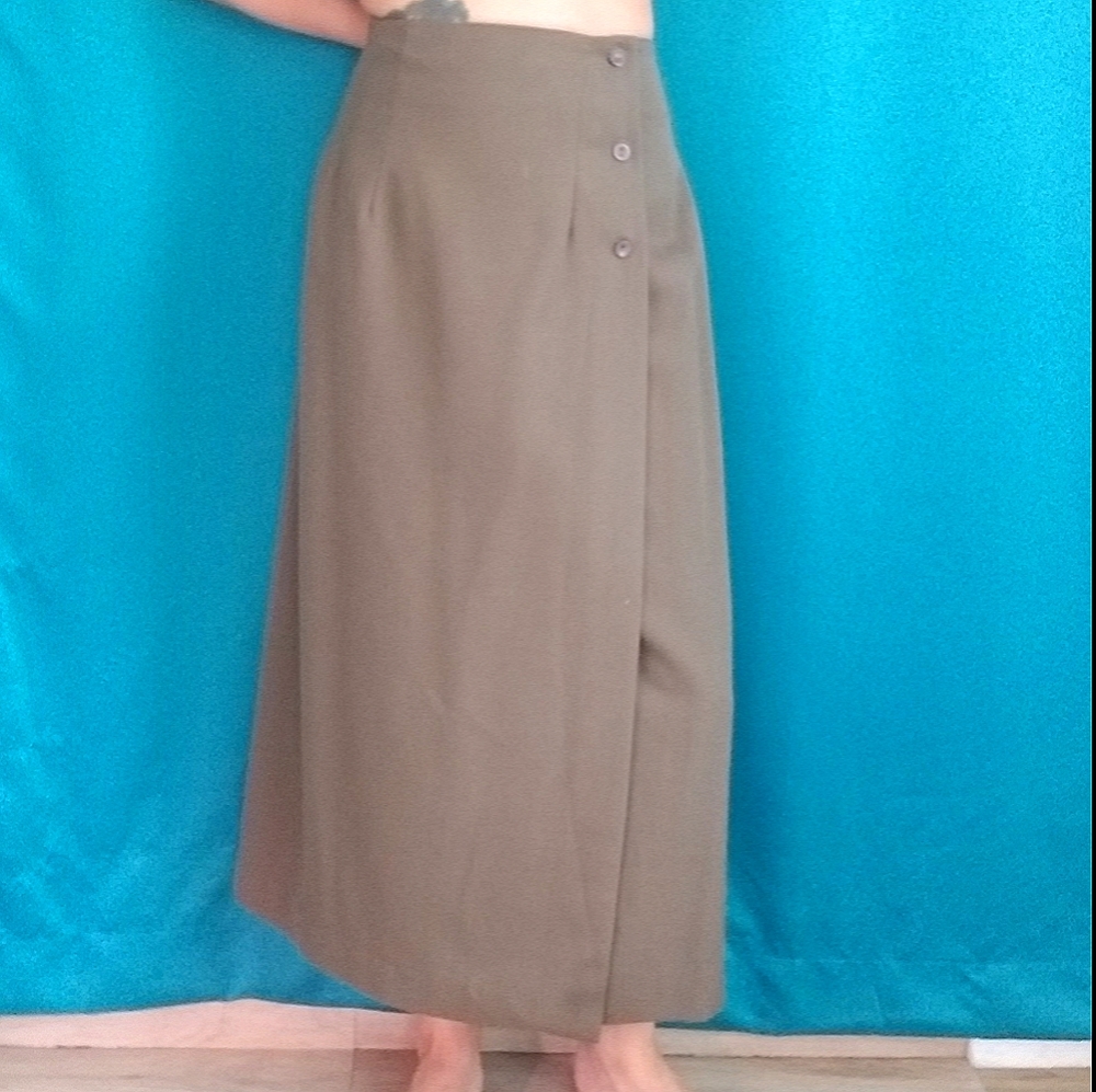 VINTAGE Michele Army Green Wrap Button Midi Skirt